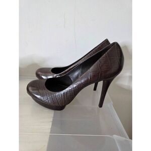 $278 Tory Burch US 10M Brown Croc Embossed Leather Pumps Wood Platform Heel